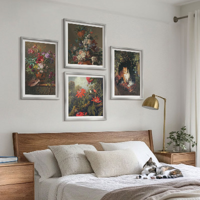 Tavelvägg med 4 tavlor Vintage blommor katter växter