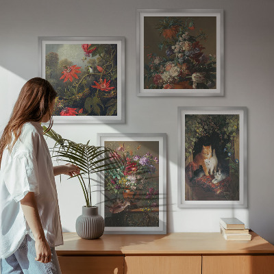 Tavelvägg med 4 tavlor Vintage blommor katter växter