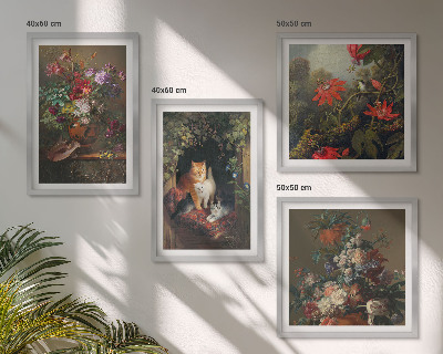 Tavelvägg med 4 tavlor Vintage blommor katter växter