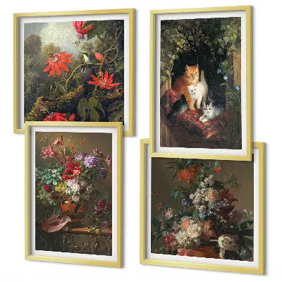 Tavelvägg med 4 tavlor med motiv av vintageblommor, katter och växter
