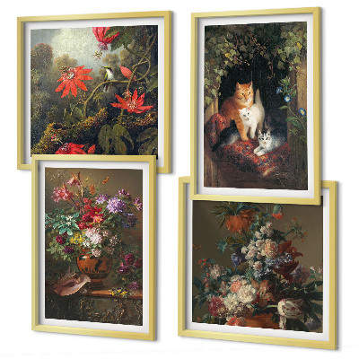 Tavelvägg med 4 tavlor Vintage blommor katter växter