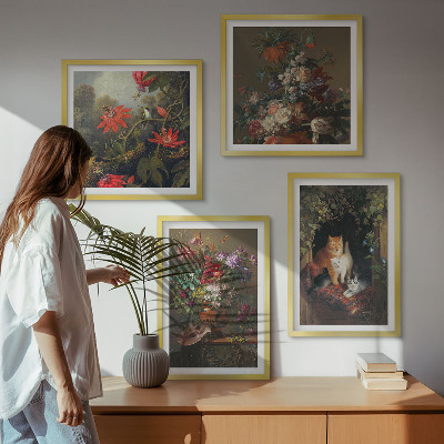 Tavelvägg med 4 tavlor Vintage blommor katter växter