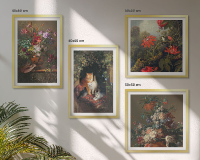 Tavelvägg med 4 tavlor Vintage blommor katter växter