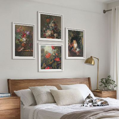 Tavelvägg med 4 tavlor Vintage blommor katter växter