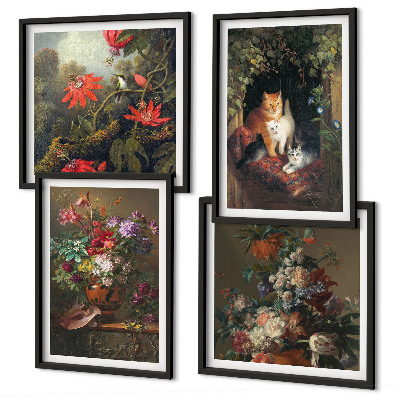 Tavelvägg med 4 tavlor Vintage blommor katter växter