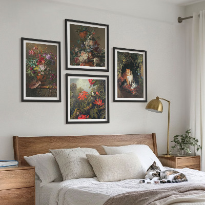 Tavelvägg med 4 tavlor Vintage blommor katter växter