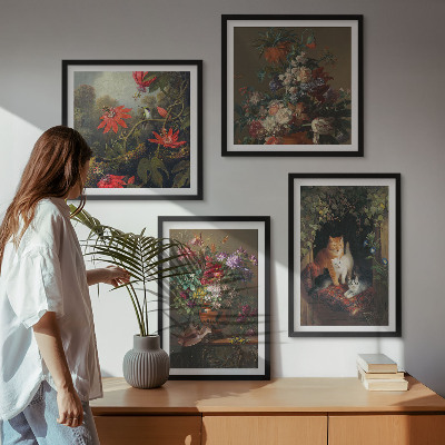 Tavelvägg med 4 tavlor Vintage blommor katter växter