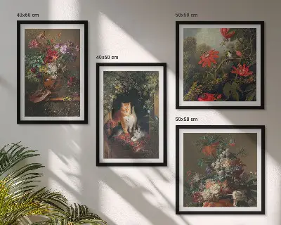 Tavelvägg med 4 tavlor med motiv av vintageblommor, katter och växter