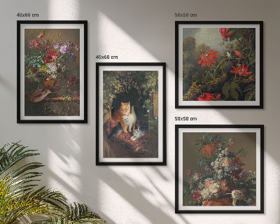 Tavelvägg med 4 tavlor Vintage blommor katter växter