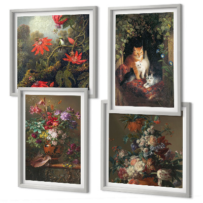 Tavelvägg med 4 tavlor Vintage blommor katter växter