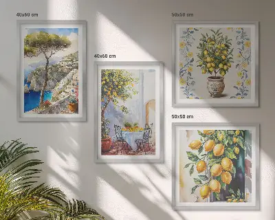 Citronträd vid havet tavlor i set om 4 stycken