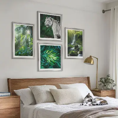 Tavelvägg med 4 tavlor djungel med vit tiger och vattenfall
