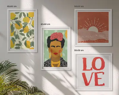 Set med 4 tavlor föreställande citroner och ett kärlekslandskap tavlor med Frida-tema