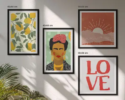 Set med 4 tavlor föreställande citroner och ett kärlekslandskap tavlor med Frida-tema