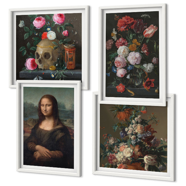 Tavelvägg med 4 tavlor Mona Lisa, dödskalle med vintageblommor