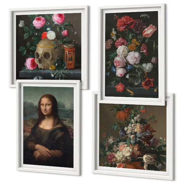 Tavelvägg med 4 tavlor Mona Lisa och dödskalle med vintageblommor