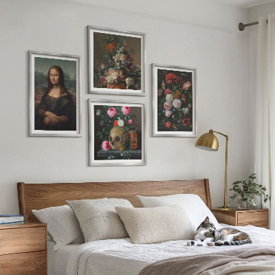 Tavelvägg med 4 tavlor Mona Lisa, dödskalle med vintageblommor