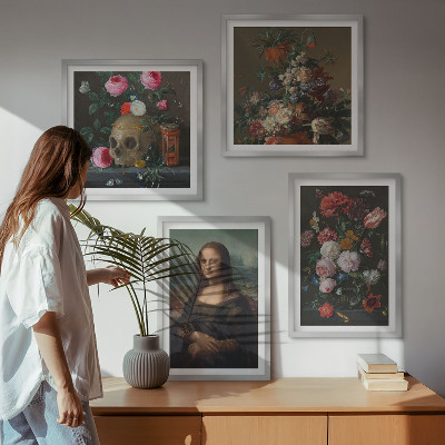 Tavelvägg med 4 tavlor Mona Lisa, dödskalle med vintageblommor