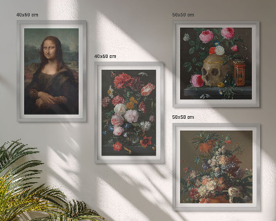 Tavelvägg med 4 tavlor Mona Lisa, dödskalle med vintageblommor
