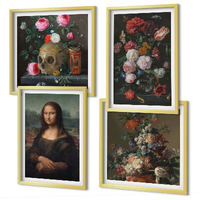 Tavelvägg med 4 tavlor Mona Lisa, dödskalle med vintageblommor