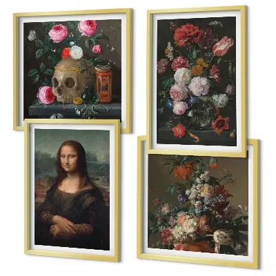 Tavelvägg med 4 tavlor Mona Lisa och dödskalle med vintageblommor