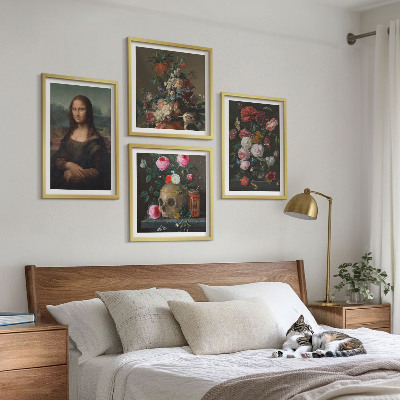 Tavelvägg med 4 tavlor Mona Lisa, dödskalle med vintageblommor
