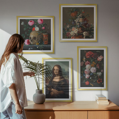 Tavelvägg med 4 tavlor Mona Lisa, dödskalle med vintageblommor