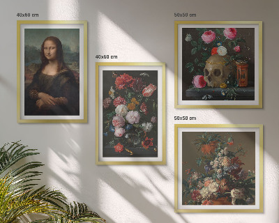 Tavelvägg med 4 tavlor Mona Lisa, dödskalle med vintageblommor