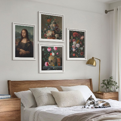 Tavelvägg med 4 tavlor Mona Lisa, dödskalle med vintageblommor