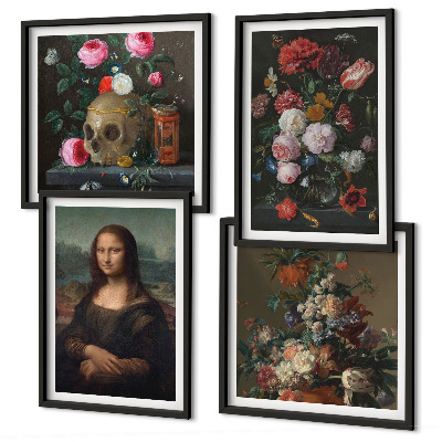Tavelvägg med 4 tavlor Mona Lisa, dödskalle med vintageblommor
