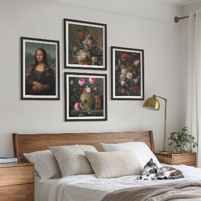 Tavelvägg med 4 tavlor Mona Lisa, dödskalle med vintageblommor