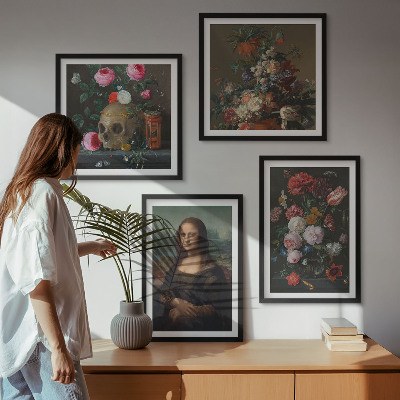 Tavelvägg med 4 tavlor Mona Lisa, dödskalle med vintageblommor