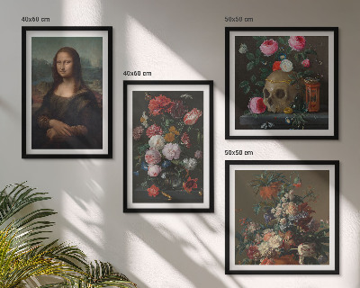 Tavelvägg med 4 tavlor Mona Lisa, dödskalle med vintageblommor