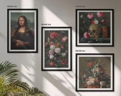 Tavelvägg med 4 tavlor Mona Lisa och dödskalle med vintageblommor