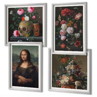 Tavelvägg med 4 tavlor Mona Lisa, dödskalle med vintageblommor