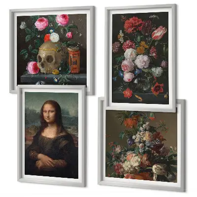 Tavelvägg med 4 tavlor Mona Lisa och dödskalle med vintageblommor