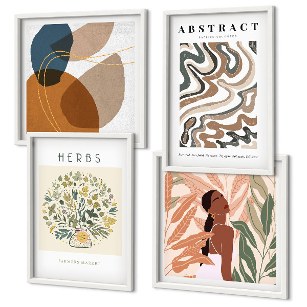 Tavelvägg ovanför soffa Boho estetiska pastellfärgade posters
