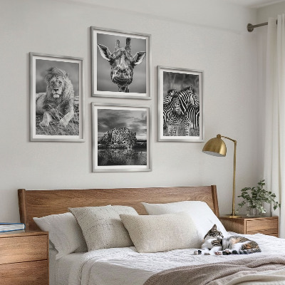 Tavelvägg med 4 tavlor Vilda djur Lejon Jaguar Giraff Zebror