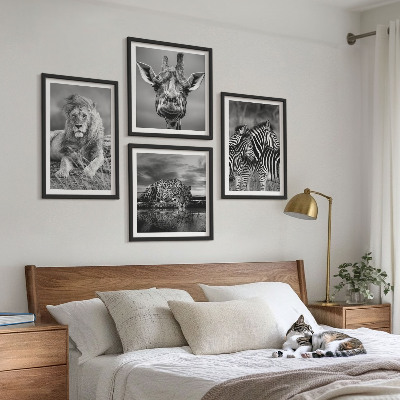 Tavelvägg med 4 tavlor Vilda djur Lejon Jaguar Giraff Zebror