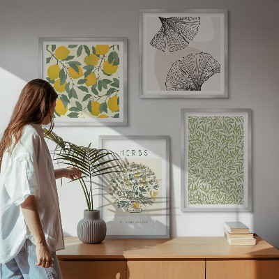 Tavelvägg ovanför soffa Citronörter och blad
