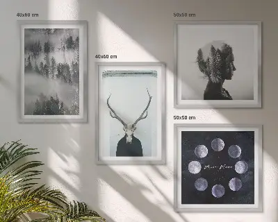 Tavelvägg med 4 tavlor med motiv av skogsdimma, måne, skalle och kvinna
