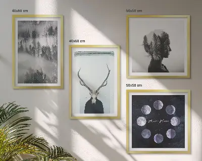 Tavelvägg med 4 tavlor med motiv av skogsdimma, måne, skalle och kvinna