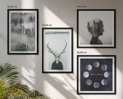 Tavelvägg med 4 tavlor med motiv av skogsdimma, måne, skalle och kvinna