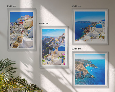 Tavelvägg ovanför soffa Arkitektoniskt landskap Oia Santorini Grekland