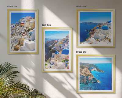 Tavelvägg ovanför soffa Arkitektoniskt landskap Oia Santorini Grekland