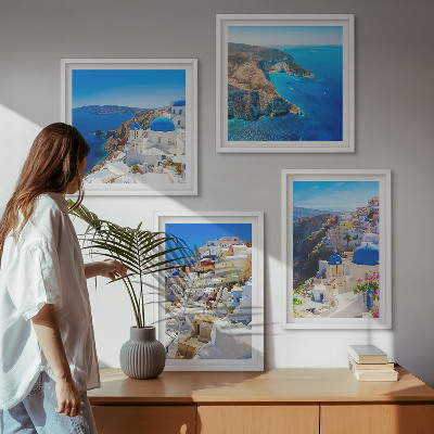 Tavelvägg ovanför soffa Arkitektoniskt landskap Oia Santorini Grekland
