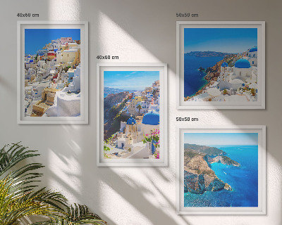 Tavelvägg ovanför soffa Arkitektoniskt landskap Oia Santorini Grekland
