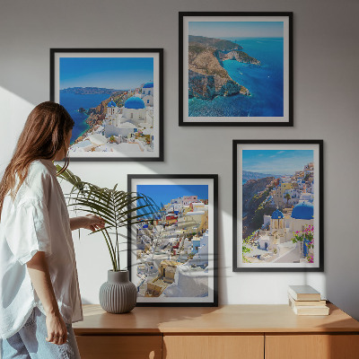 Tavelvägg ovanför soffa Arkitektoniskt landskap Oia Santorini Grekland