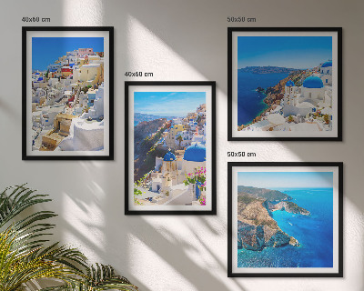 Tavelvägg ovanför soffa Arkitektoniskt landskap Oia Santorini Grekland