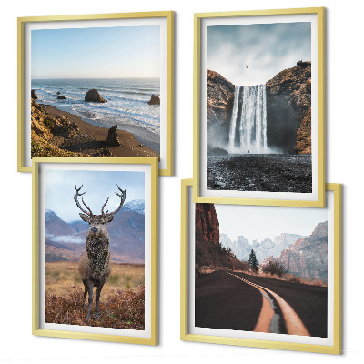 Set om 4 tavlor Bergslandskap vattenfall hjortstränder